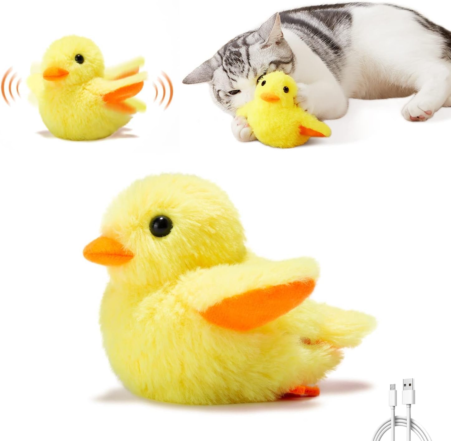 Canard interactif en peluche jaune avec un chat jouant et aperçu du câble de recharge USB.
