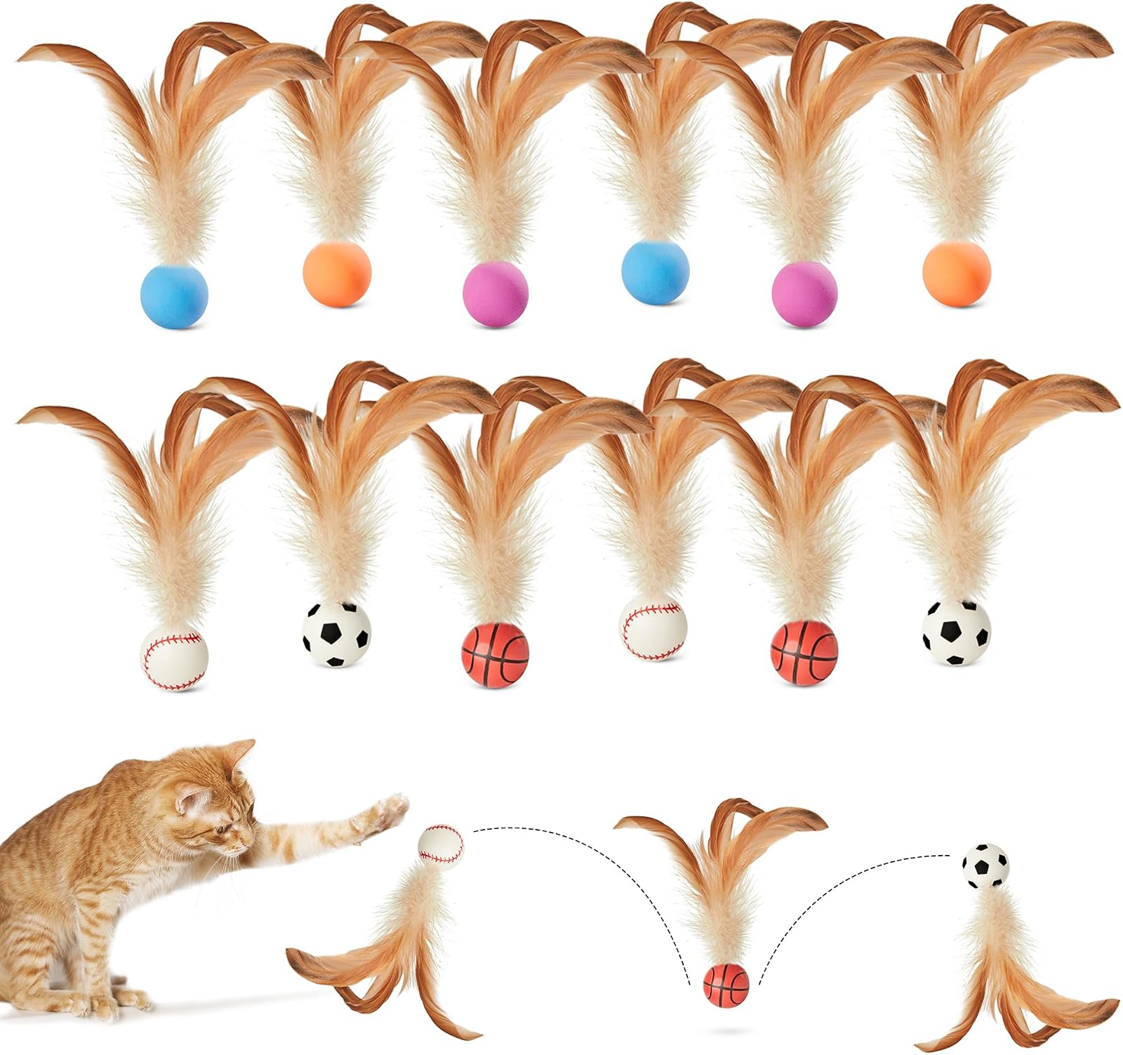 Lot de 12 balles rebondissantes à plumes Potaroma avec différents motifs sportifs et un chat en pleine action.