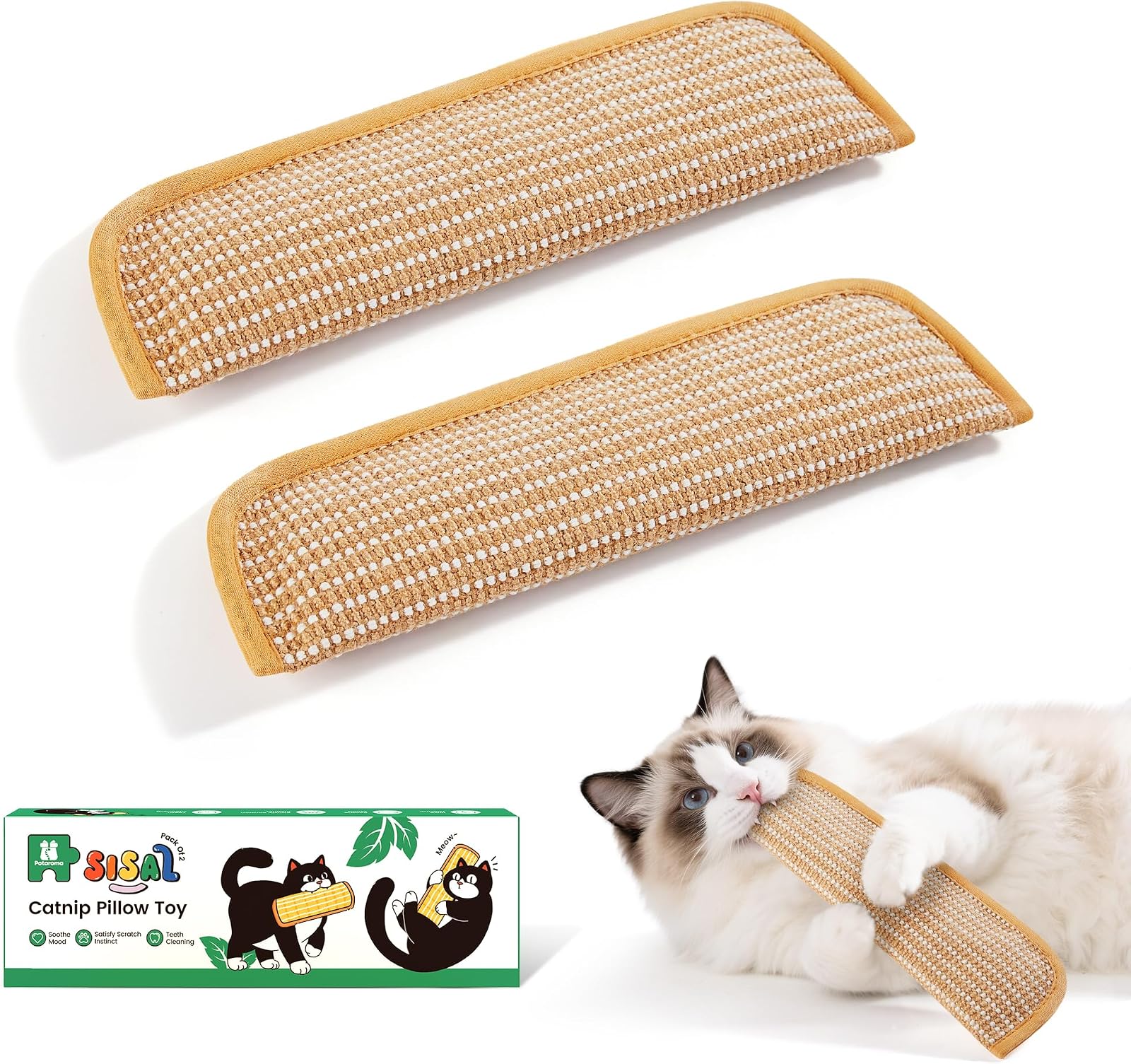 Deux kickers en sisal Potaroma posés à plat avec un chat jouant avec l'un d'eux et la boîte d'emballage.
