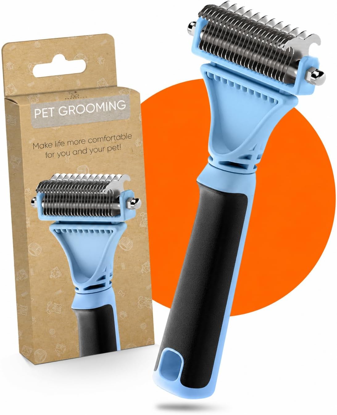Brosse de toilettage pour chat Pretty Paw de couleur lavande avec manche ergonomique noir, présentée à côté de son emballage en carton