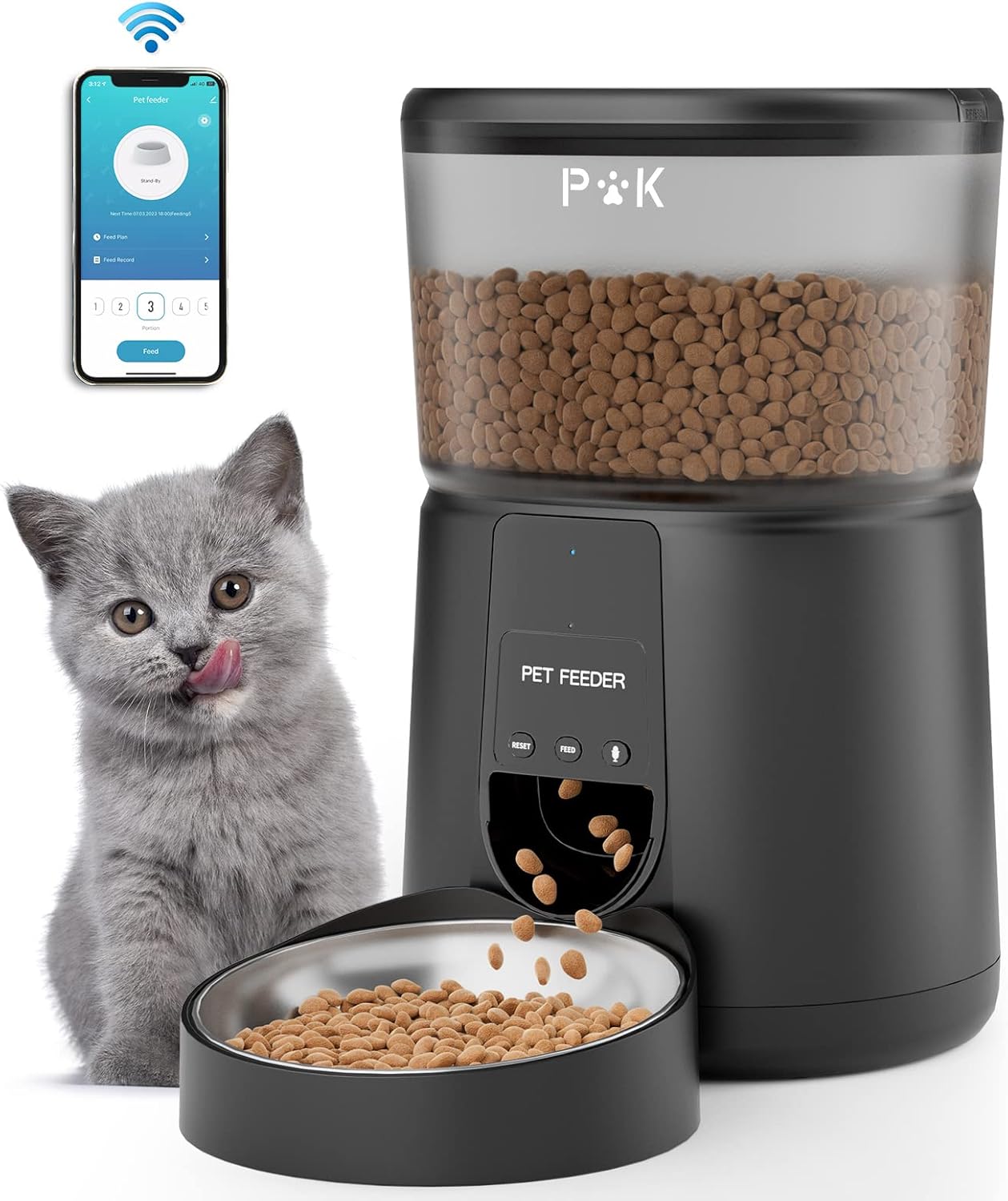 Distributeur automatique de croquettes Puppy Kitty blanc avec smartphone affichant l'application de contrôle