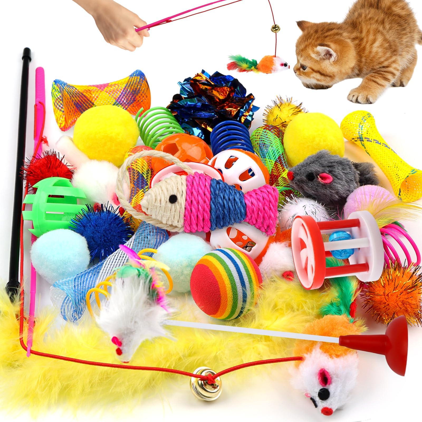Assortiment de 32 jouets pour chat comprenant des balles, des souris, des ressorts et une baguette interactive.
