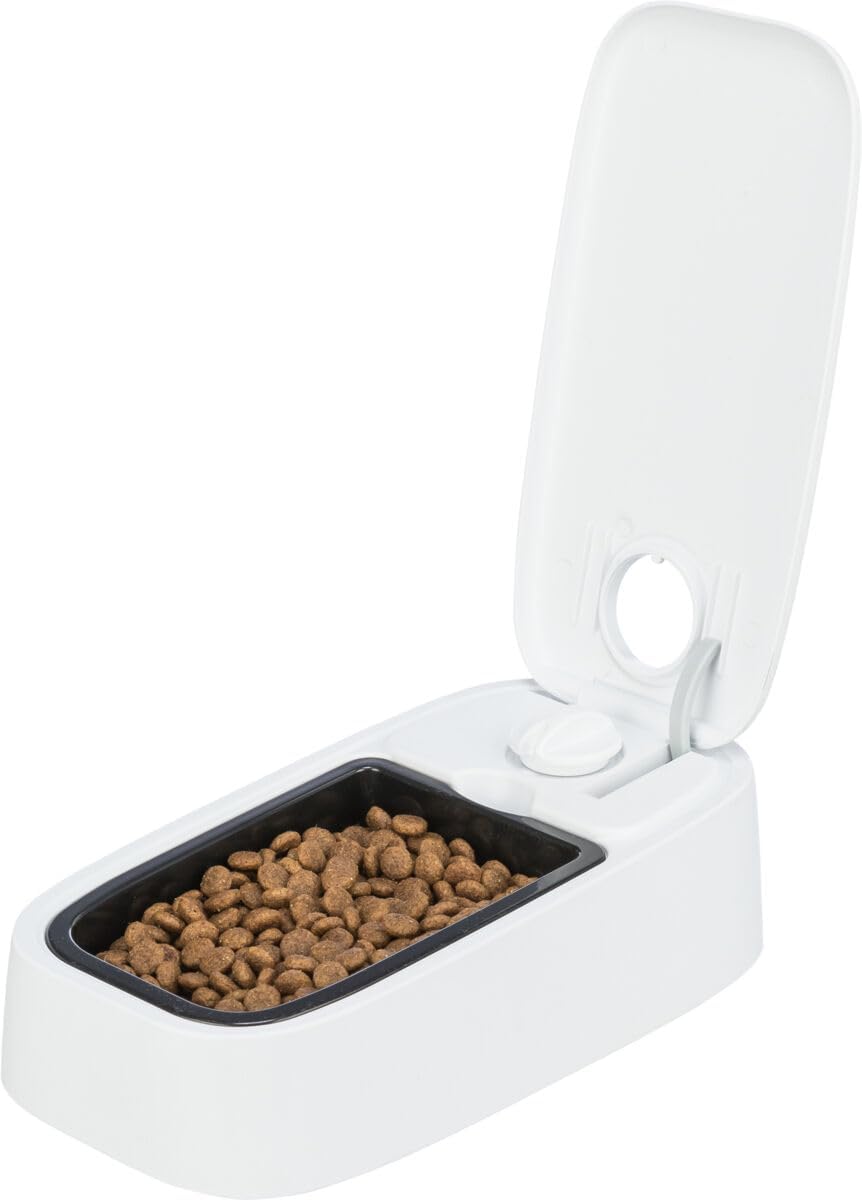 Distributeur automatique Trixie TX1 ouvert montrant la gamelle remplie de croquettes