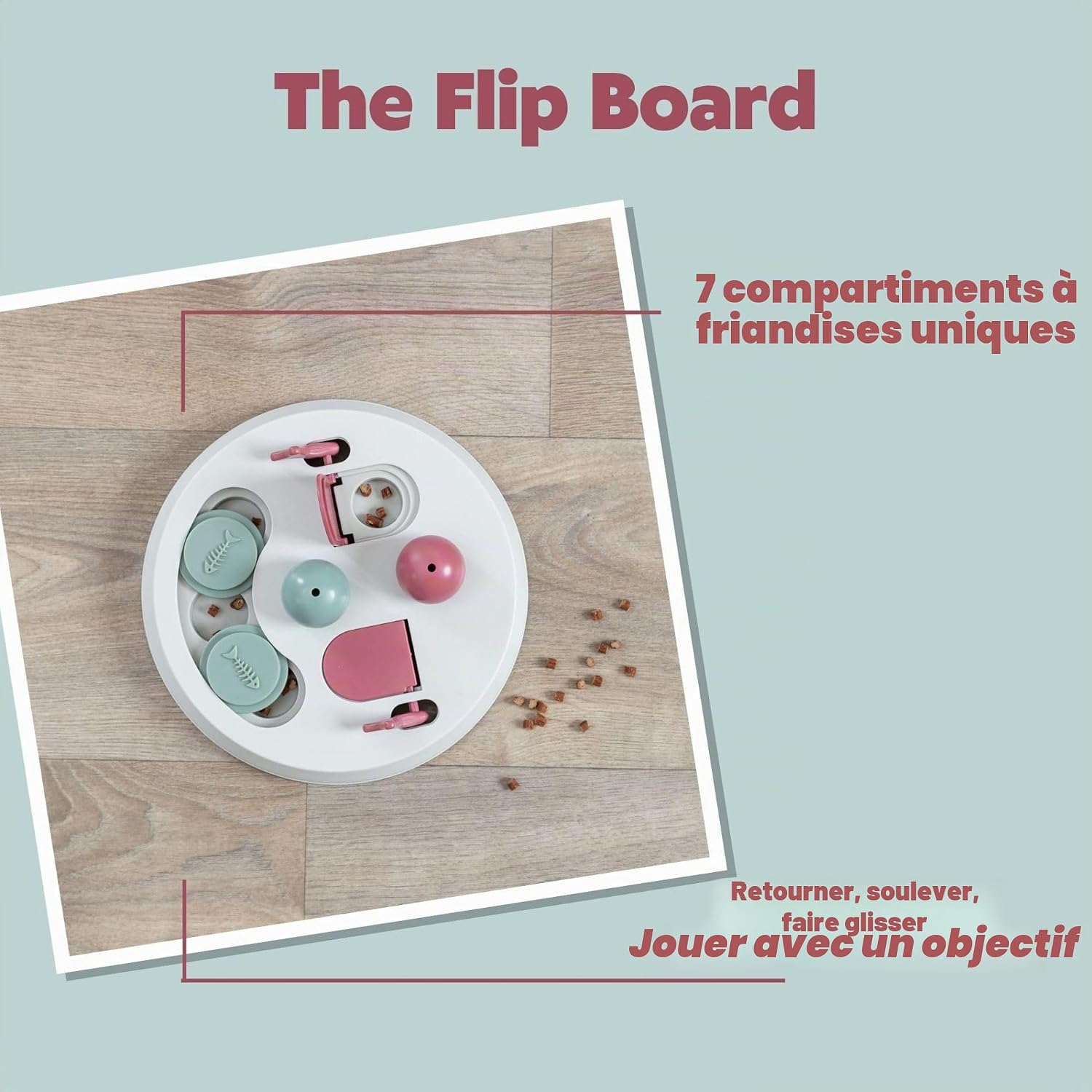 Vue de haut du Flip Board de Trixie montrant les sept compartiments à friandises ouverts