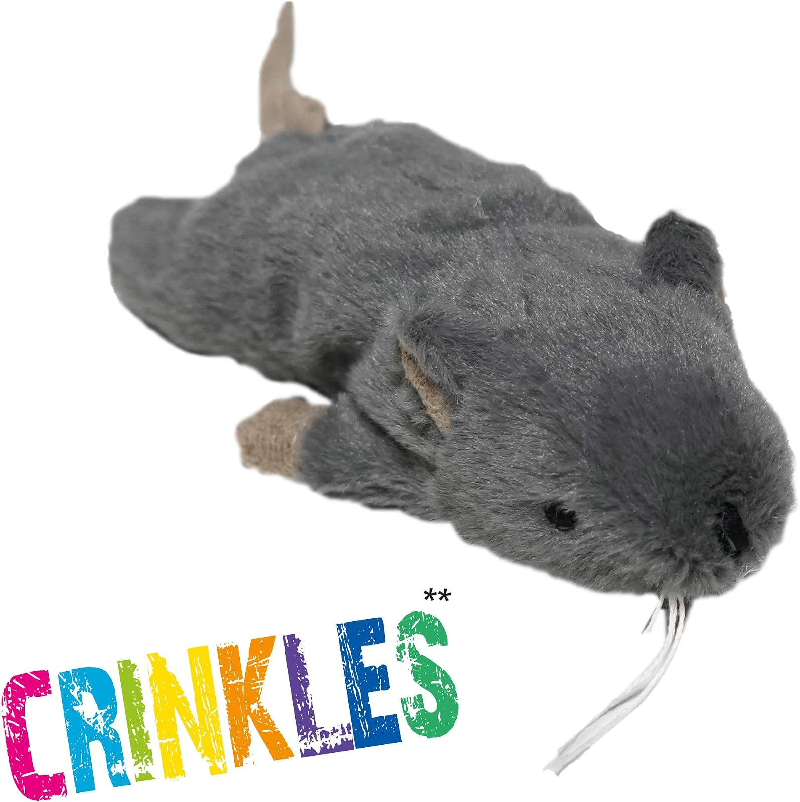 Jouet en peluche en forme de grosse souris grise avec queue fine et oreilles en relief, posée sur fond blanc.