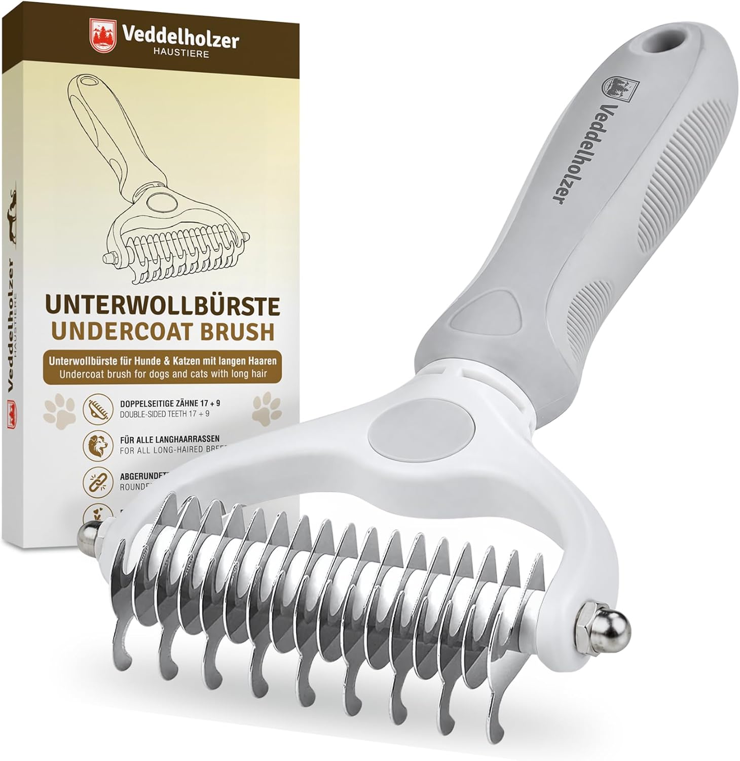 Brosse à sous-poil Veddelholzer avec son emballage, montrant les dents courbées.