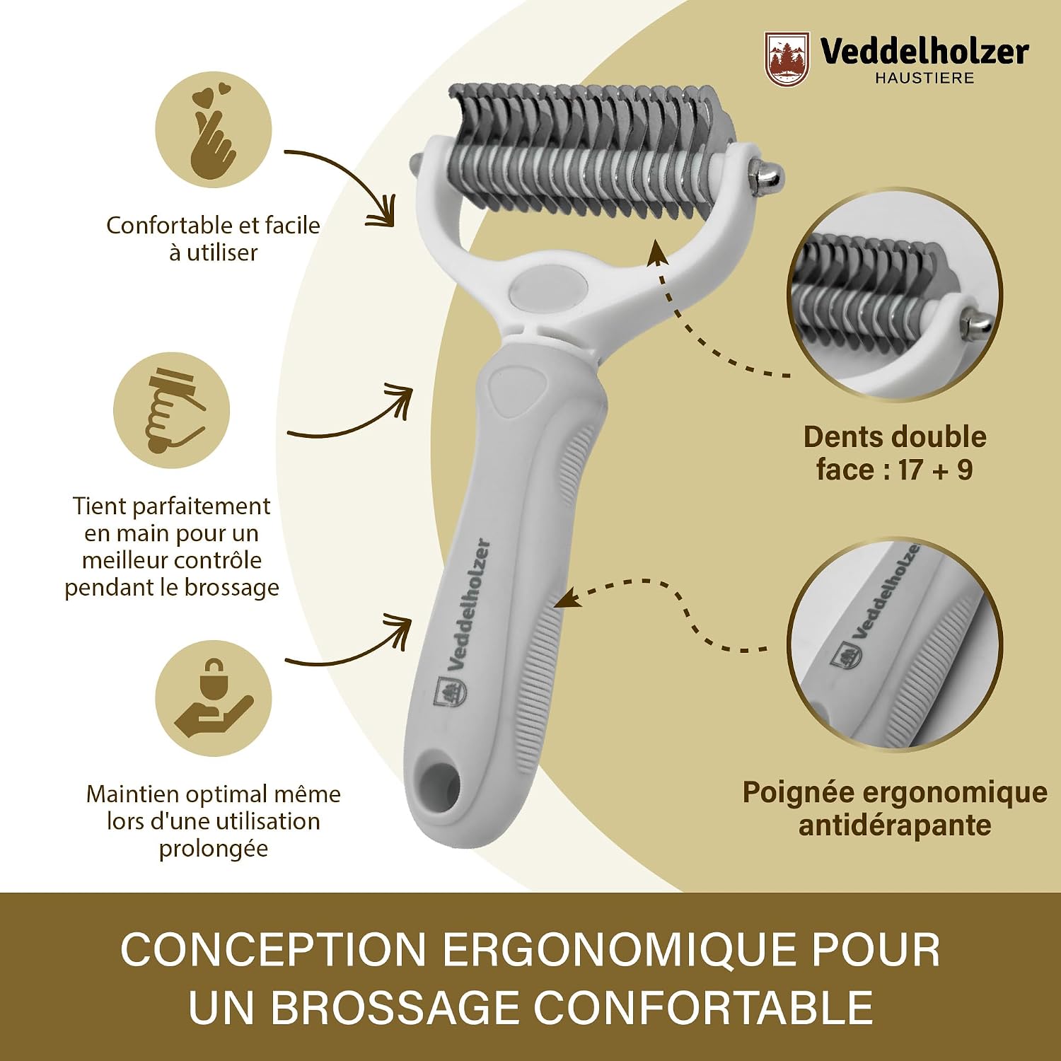 Infographie détaillant les deux faces de la brosse et son manche ergonomique.