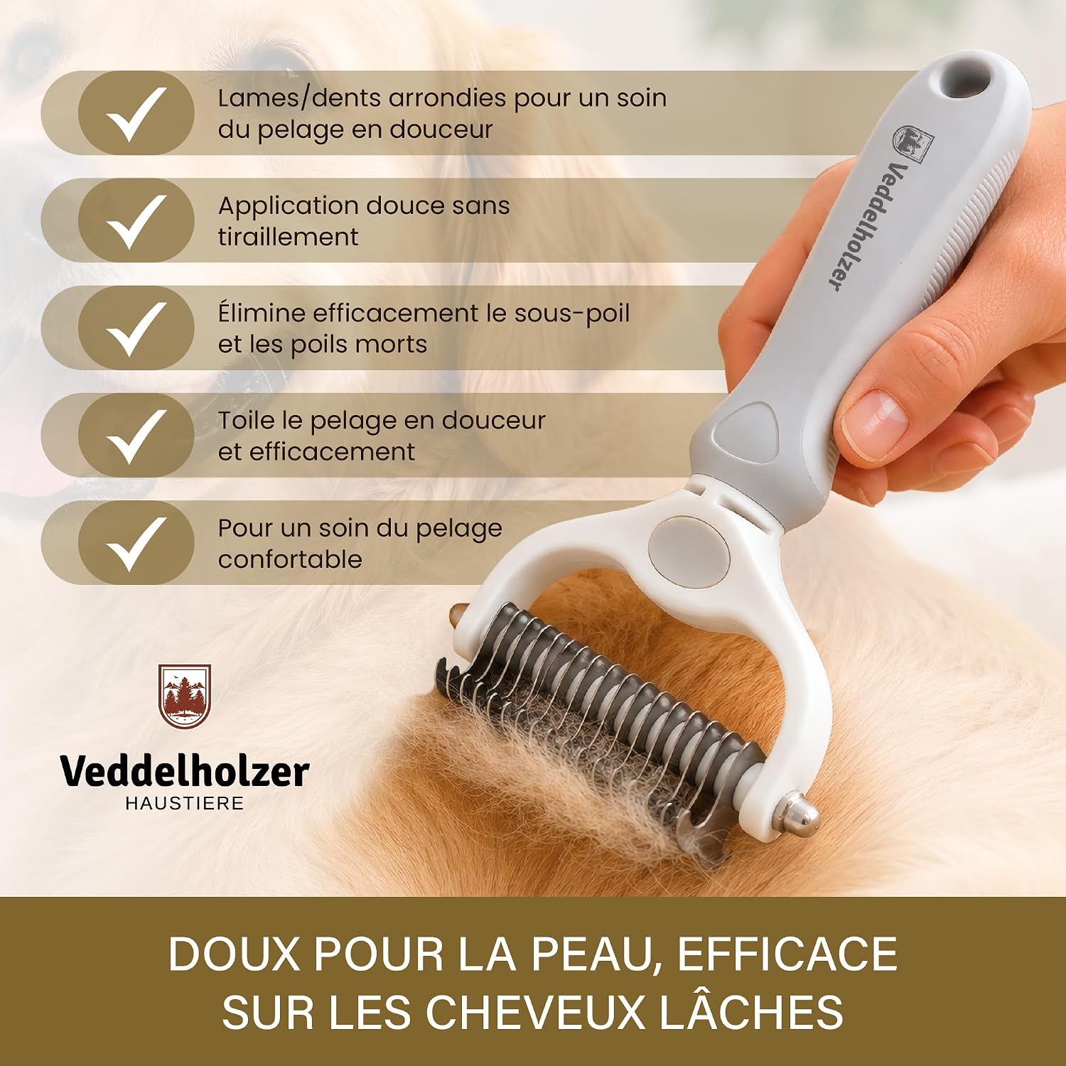 Utilisation de la brosse sur le pelage épais d'un chien type Golden Retriever.