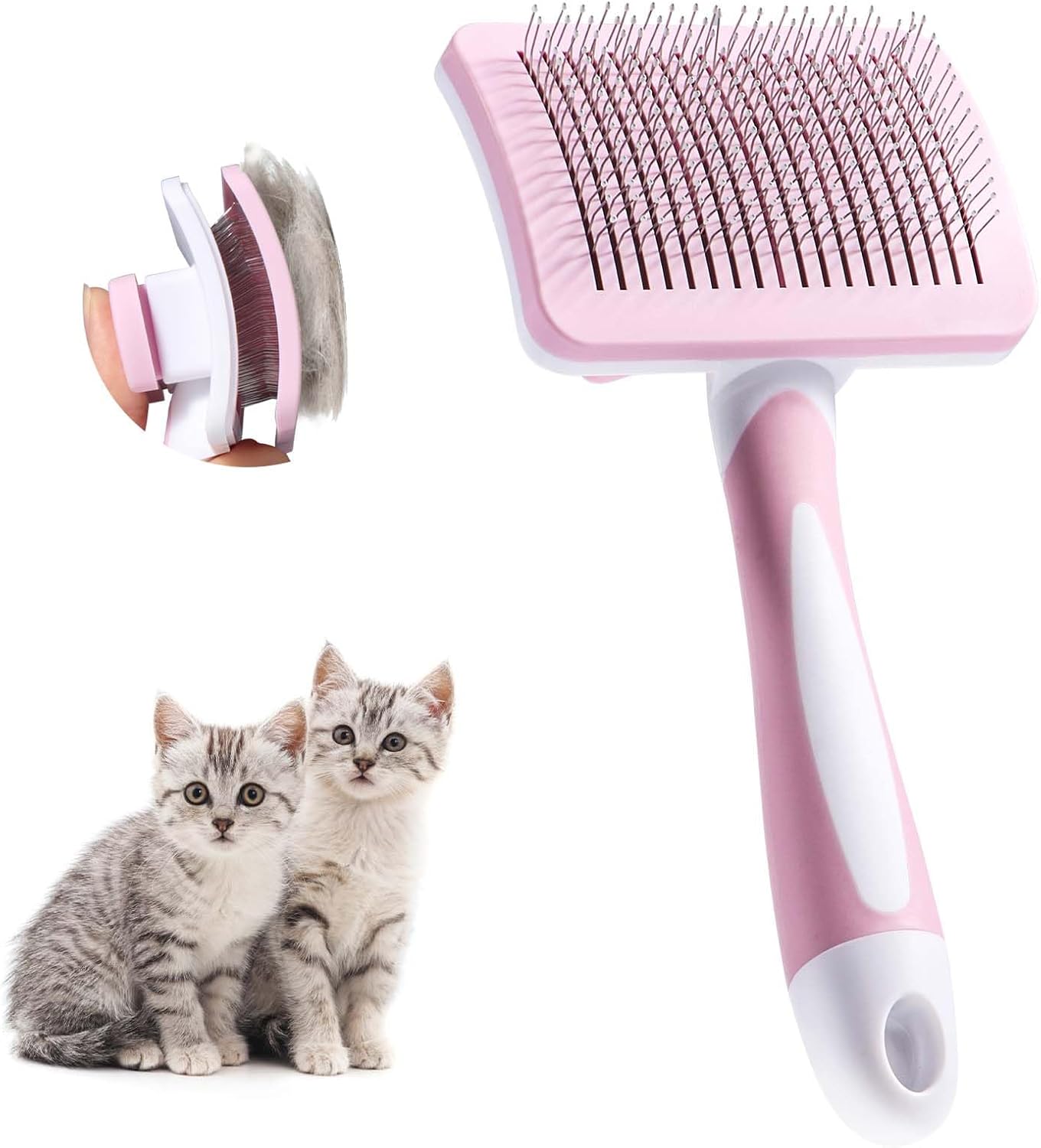 Brosse autonettoyante Vinabo rose pour animaux avec mécanisme d'éjection des poils illustré