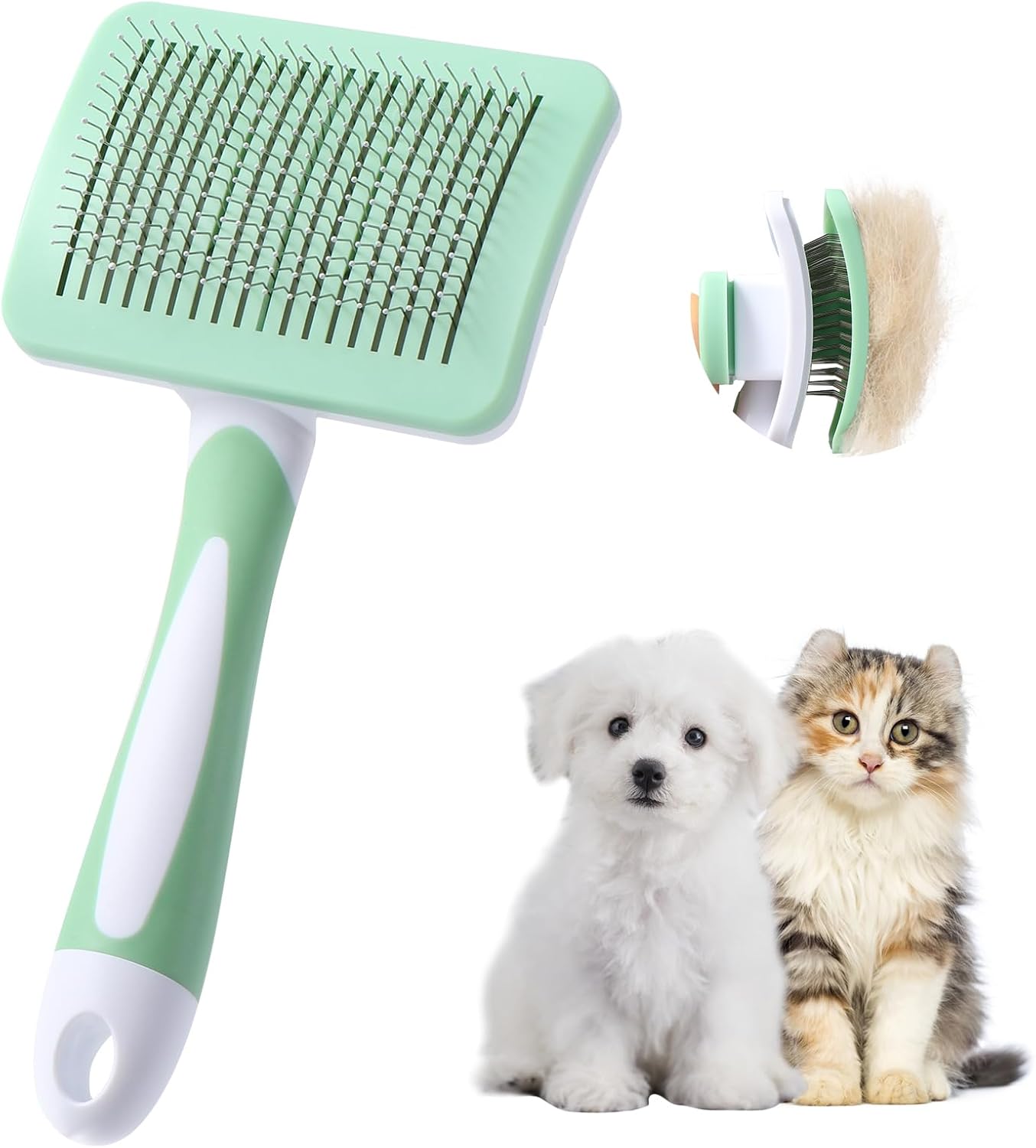 Brosse autonettoyante verte Vinabo avec un chien et un chat, montrant le système d'éjection des poils