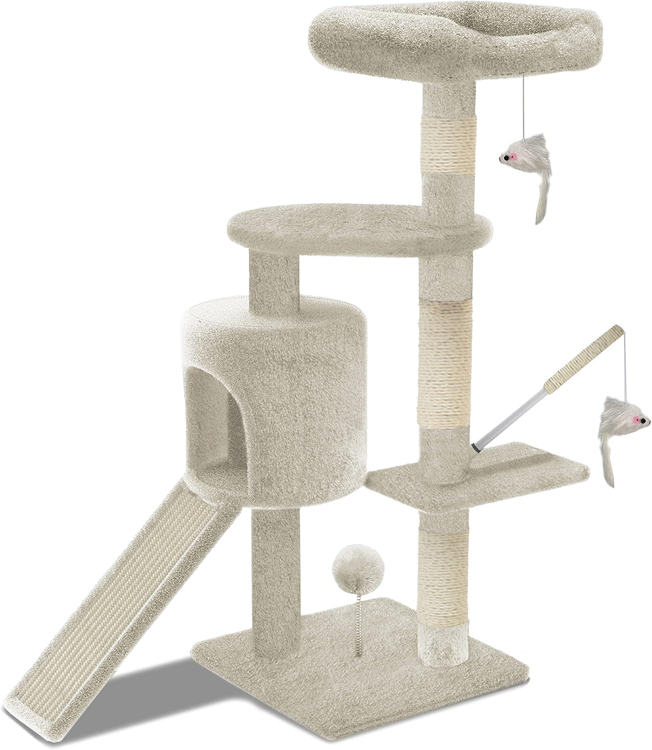 Arbre à chat beige de 112 cm avec rampe, niche, deux plateformes et jouets suspendus.