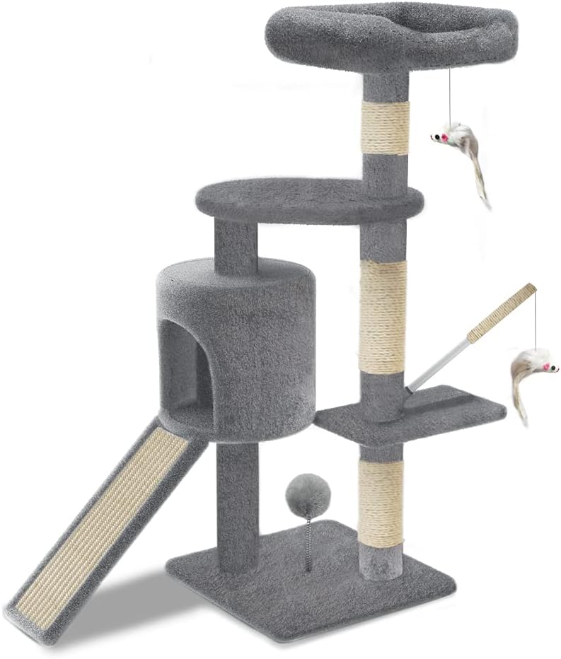 Arbre à chat Vounot 112 cm gris avec rampe, niche centrale et jouets suspendus