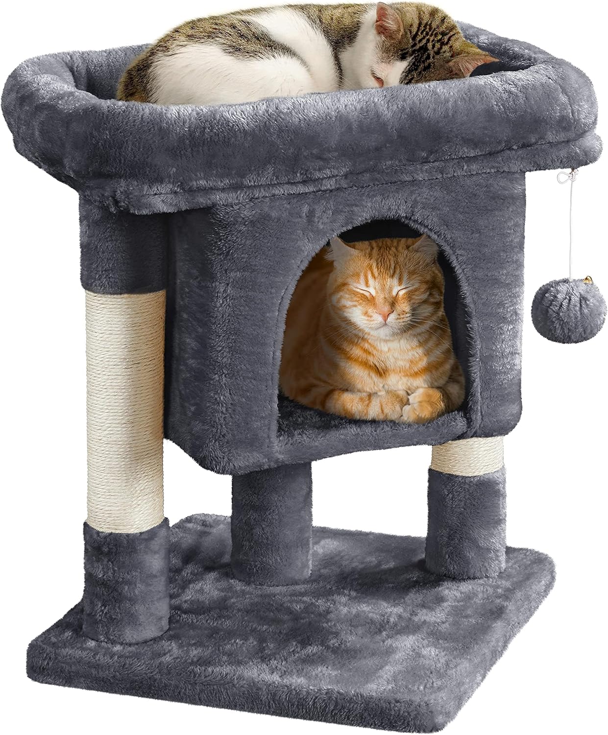 Chat roux dormant dans la niche et chat tigré reposant sur le perchoir supérieur de l'arbre à chat Yaheetech