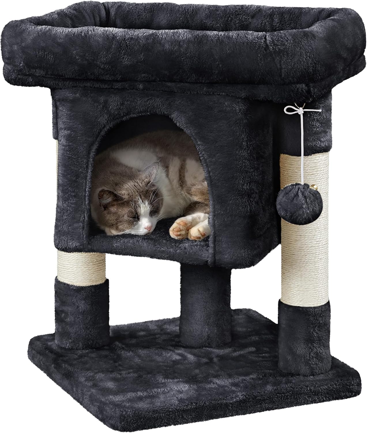 Chat tigré endormi dans la niche carrée d'un arbre à chat compact gris foncé