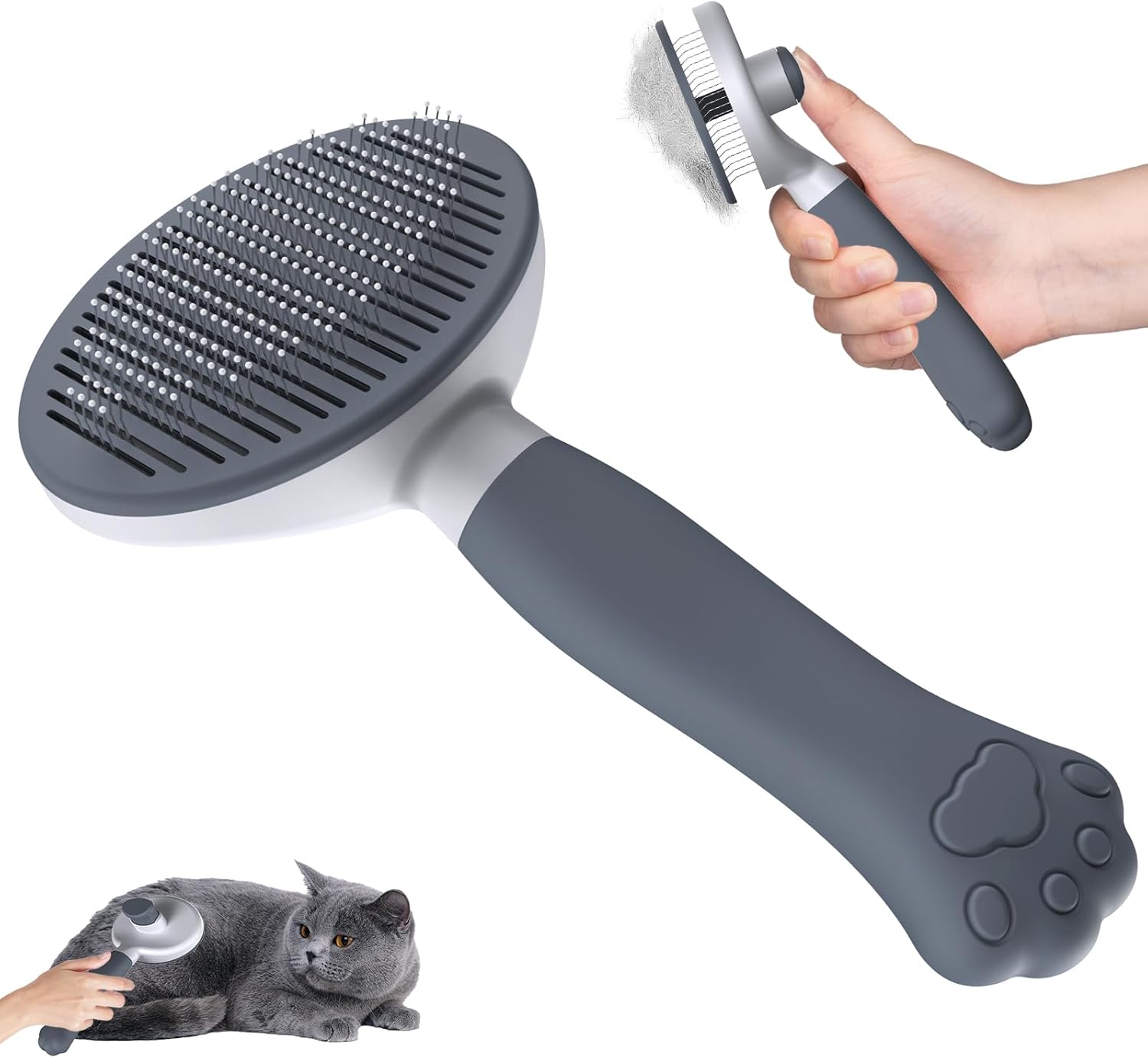 Brosse de toilettage Zivacate grise montrant le système d'éjection des poils et son utilisation sur un chat