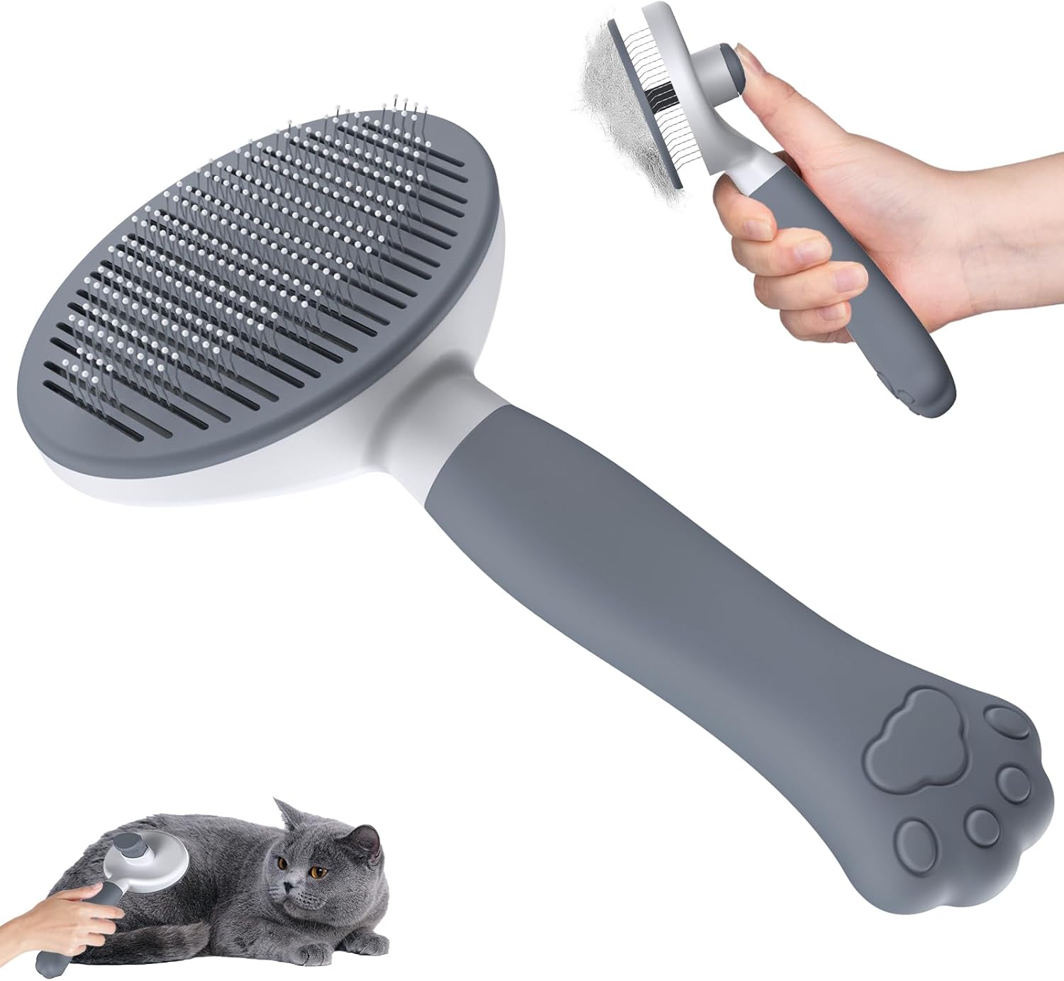 Brosse Zivacate grise pour animaux avec manche en forme de patte et démonstration du bouton poussoir autonettoyant